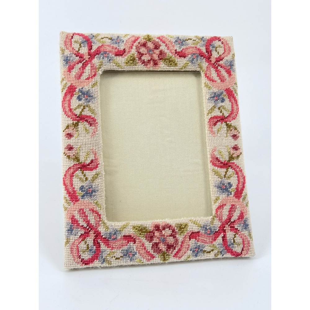 Vintage Floral Needlepoint Picture Frame 5x7 Cottagecore Pink Ribbon Decor
